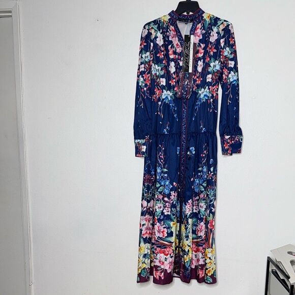 Dalia MacPhee Dress Large Black Pink Floral Button-Front Long Sleeve midi Size S - Picture 4 of 14